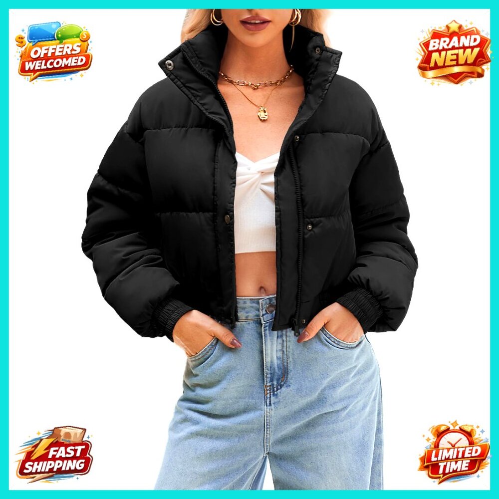 Cropped Puffer Jacket Lightweight Quilted Stand Collar Zipper Winter Outerwear